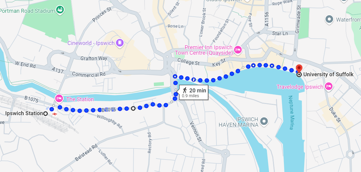 A map of the walking route from Ipswich train station to the University of Suffolk waterfront campus